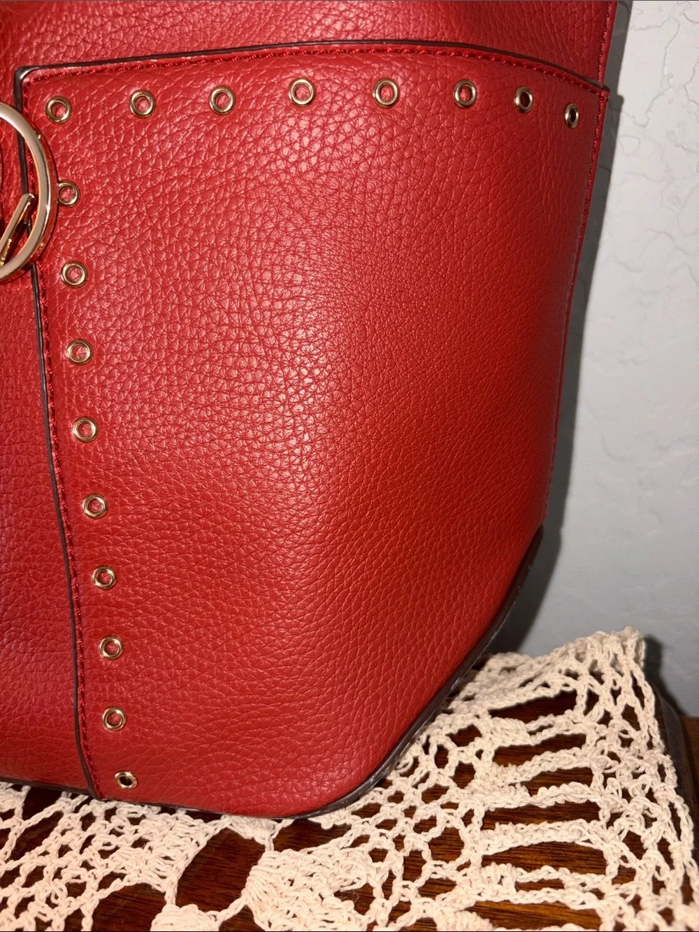 Nine West Red Pebbled Tote with Gold Logo Charm